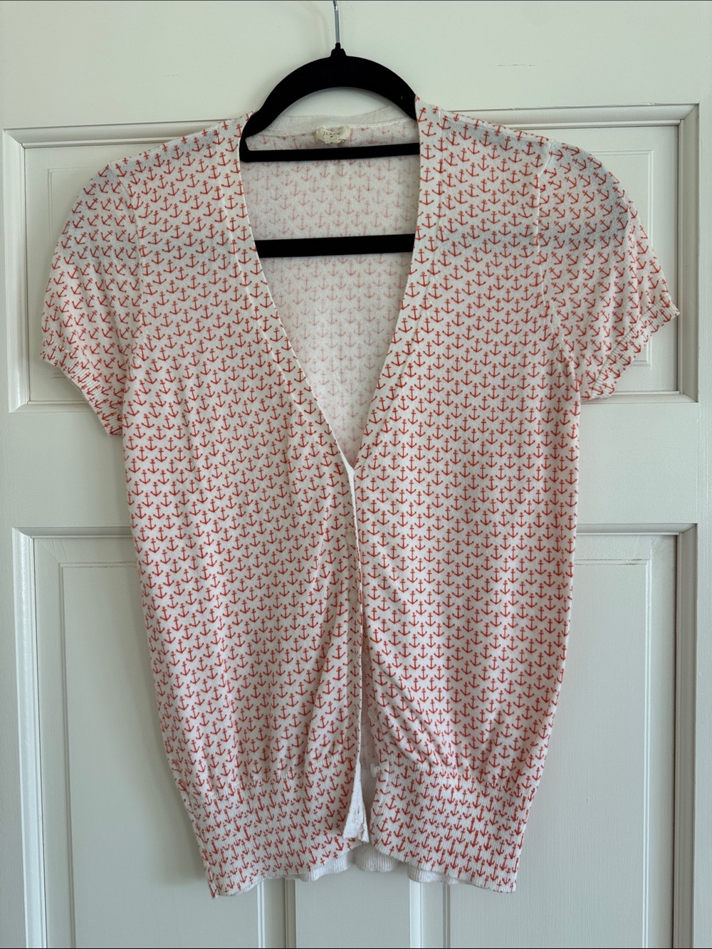 J. Crew Women’s White Short-Sleeve V-Neck Top with Orange Anchor Print